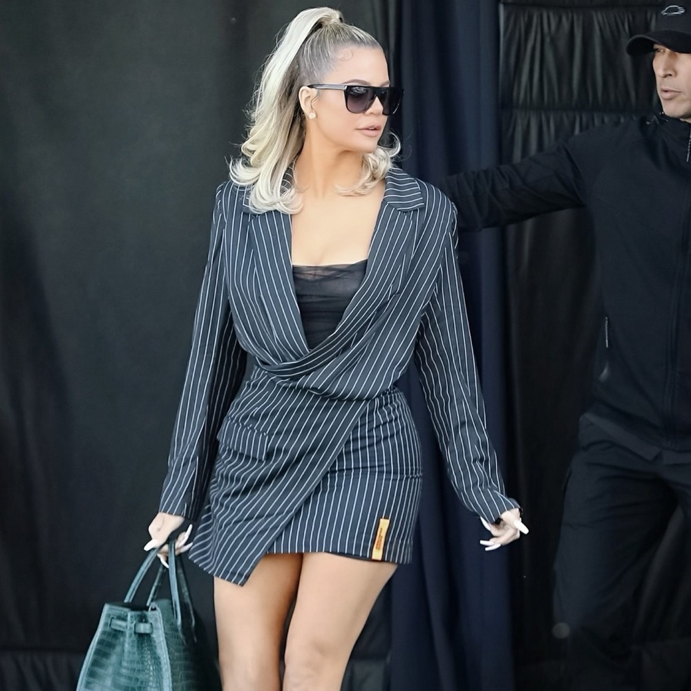 Mistress Rocks Black Pinstripe Draped Jacket and Skirt